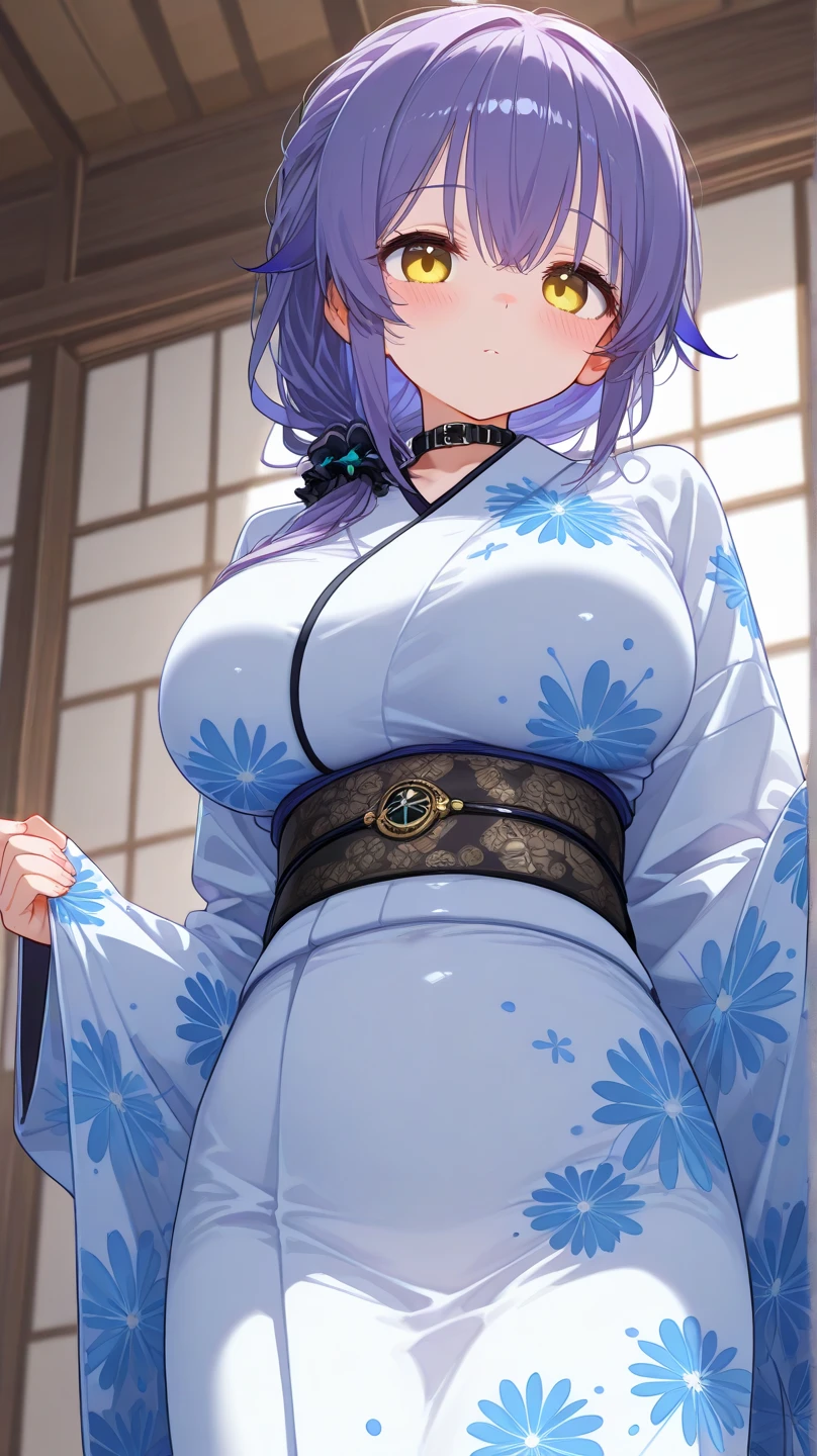 1girl,solo,super detailed skin,shiny skin,natural face ,half open eyes,eyelashes,lips gloss,pale purple hair,blunt bangs,short straight hair,large breasts,floral printed kimono,skirt lift,loincloth,cowboy shot,living room,masterpiece,best quality,ultra detailed,high resolution,sharp focus,depth of field