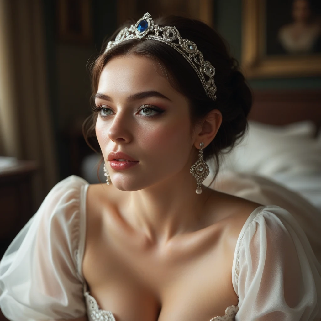 Masterpiece, absurdres, fine detail, HDR, highly detailed face and eyes, photoreal, burlesque, full body portrait of a young woman in a dark-blue and white costume ,wearing burlesque, wearing a corset , long dress , blurry background, hqphoto_portrait