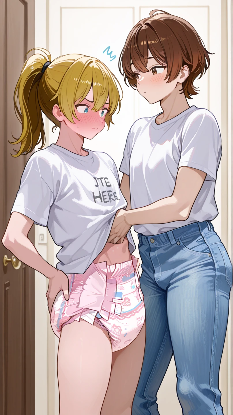 Big Breasts,nipple,superflat, flat shading, flat colors,  30_year_old naked girl in white panties, 10yo boy in t-shirt, from behind, standing in bedroom, shy, blush, smile, best shadows, watercolor,breastfeeding