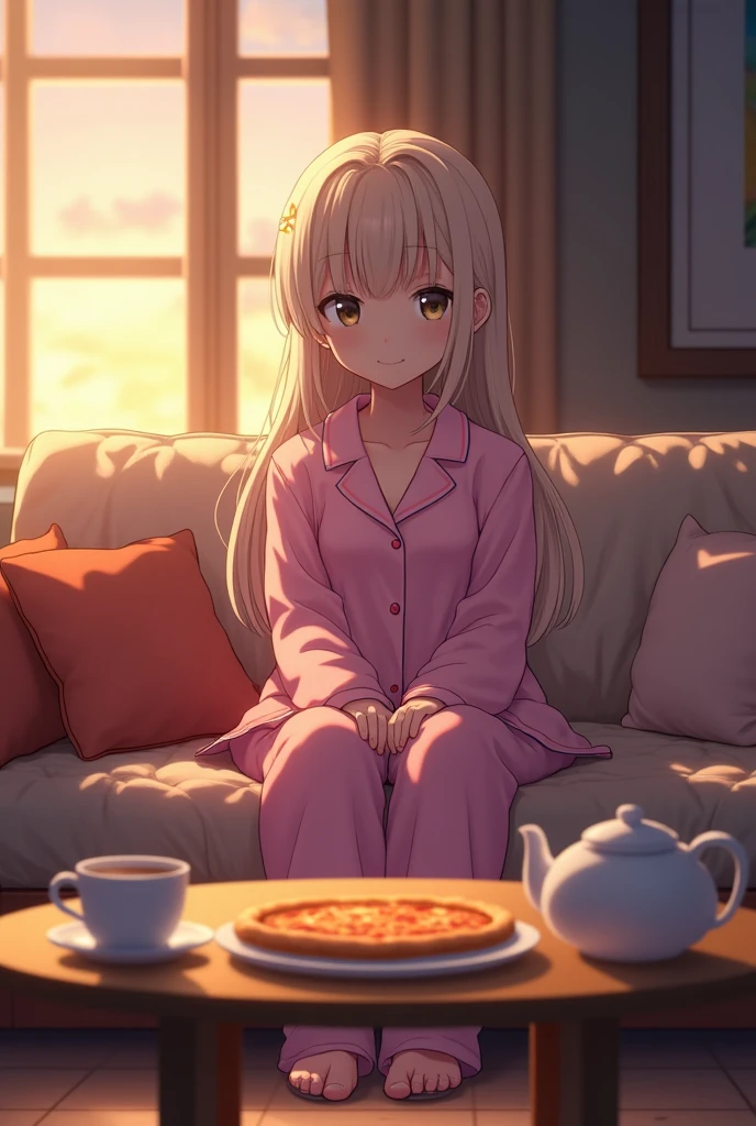 1 girl, indoors, eating, loungewear, long silver hair, solo, small breasts