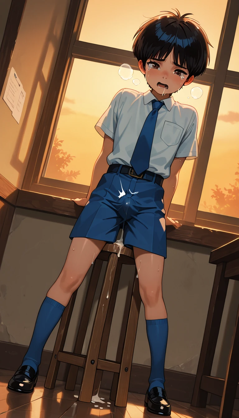 (score_9,score_8_up,score_7_up,score_6_up,score_5_up,score_4_up, source_anime), 8k, best quality, best lighting, BREAK, 1boy, 18yo, ((tareme)), thin eyebrows, ((male face, male eyes, male focus)), toned, six pack, (veiny arms), showing huge penis, showing huge testicles, foreskin, flaccid, maid outfit, skirt lift, sunset, classroom, frown, clenched teeth, look sideways, blush, thick outline, wide shot, 