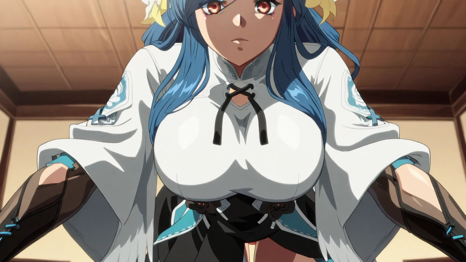 1 girl, Aqua Konosuba, looks at the viewer smiles, sexy pose, (maid costume, черные stockings, black gloves, Black corset, white panties, stockings) , big breasts, middle thighs