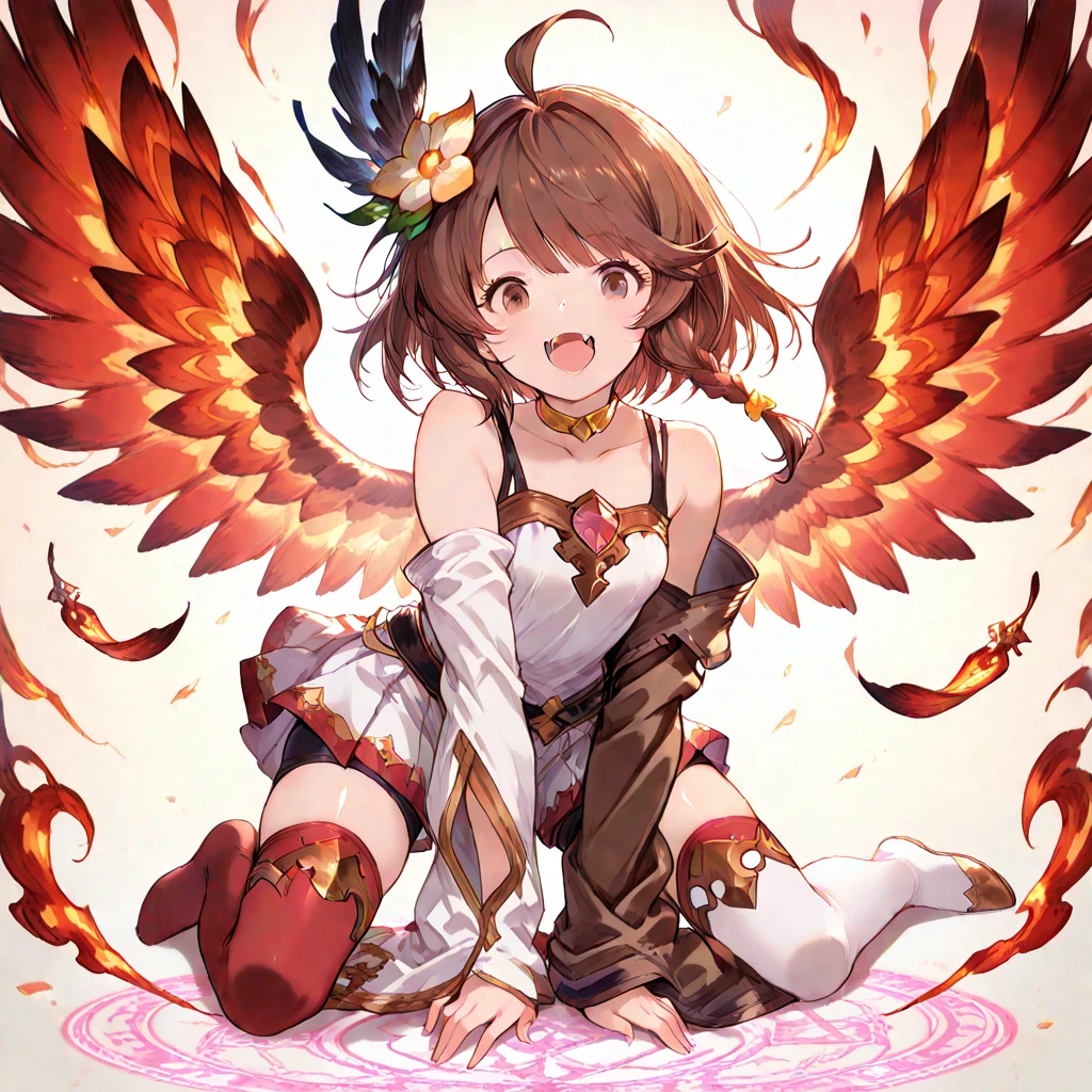 1人の女の子, angel, brown leather, curl hair dark brown, cuerpo delgado, atributos femeninos ligeros. vestimenta blanca, top blanco con detalles dorados, bare belly and collarbone, falda blanca larga, cuerda dorada amarrando la cintura, Bufanda roja en la cintura centrada, corona de espigas doradas en la cabeza, 5 espigas. Boca de gato Chibi, cara feliz, colorete en las mejillas. fondo simple, Artes conceptuales, Character Design.
