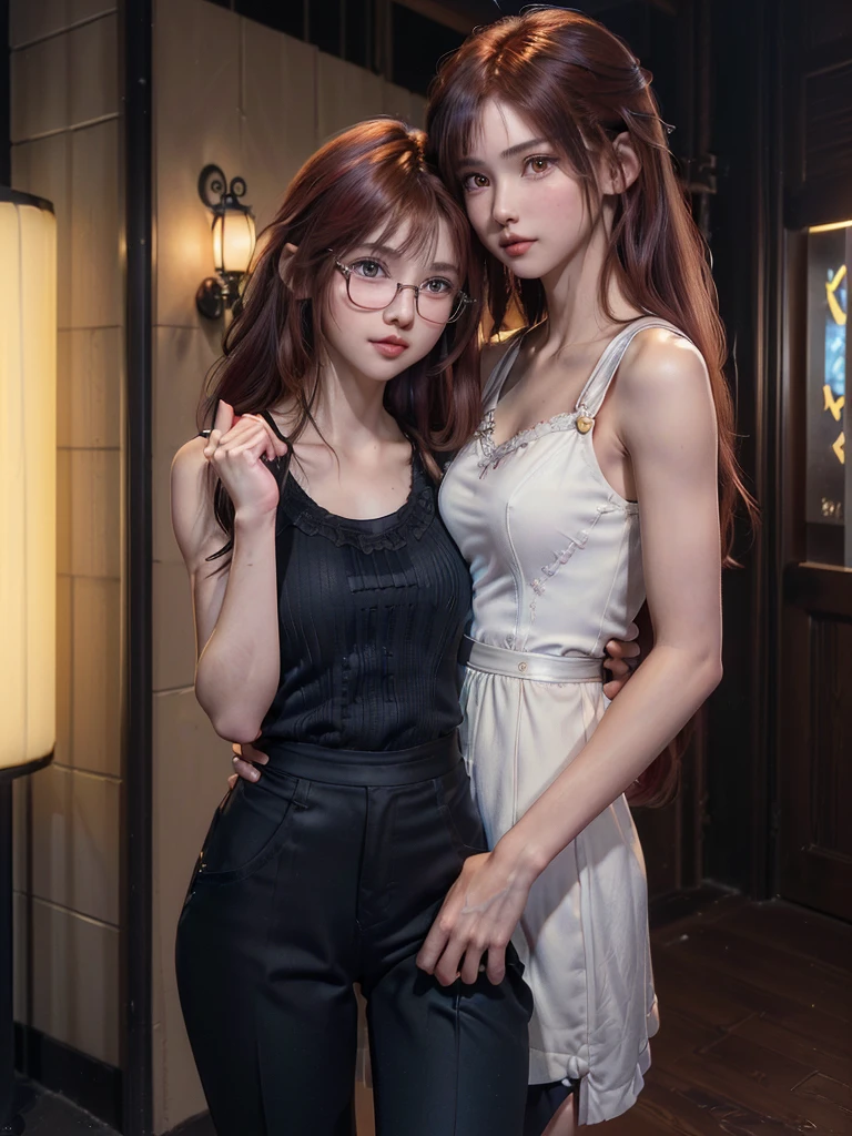 A silly white sweet, wearing glasses, masterpiece, light makeup, red lips, coiled hair, side braids, shopping mall background, beautiful, elegant. Ultra-fine details, master works, real texture, movie lighting realism, perfect work, 8k, HD, exquisite facial features, melon face. The upper body is wearing an elastic sleeveless slanted shoulder top, showing the navel and a small waist. The lower body is wearing a beautiful tight hip skirt, sexy black tights, and an S-shaped curved body. Pear-shaped body. Rounded hips, slender little waist, sexy chest, vest line, collarbone, bright big eyes, smooth skin, earrings, tattoos, short and cute beautiful legs. Deep in the human, cat cherry lips. Perfect waist-hip ratio.