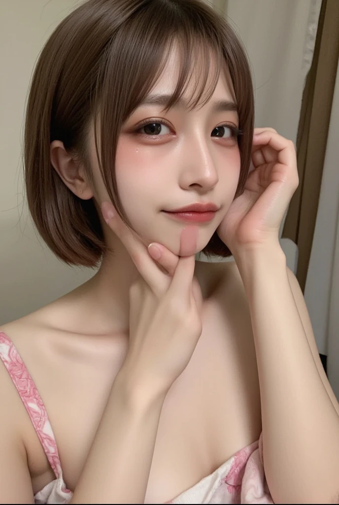 see through，Beautiful and fair、Radiant Skin, 3 Up, Gorgeous, bright, Refreshing and gentle expression, Perfect beautiful face、Beautiful shiny bangs, A very beautiful 17 year old girl, Eyeliner, Very perfect eyes，Very large breasts，Grooves reveal original skin，Muscular body，Khaki Lace Yoga Wear，Pink short hair