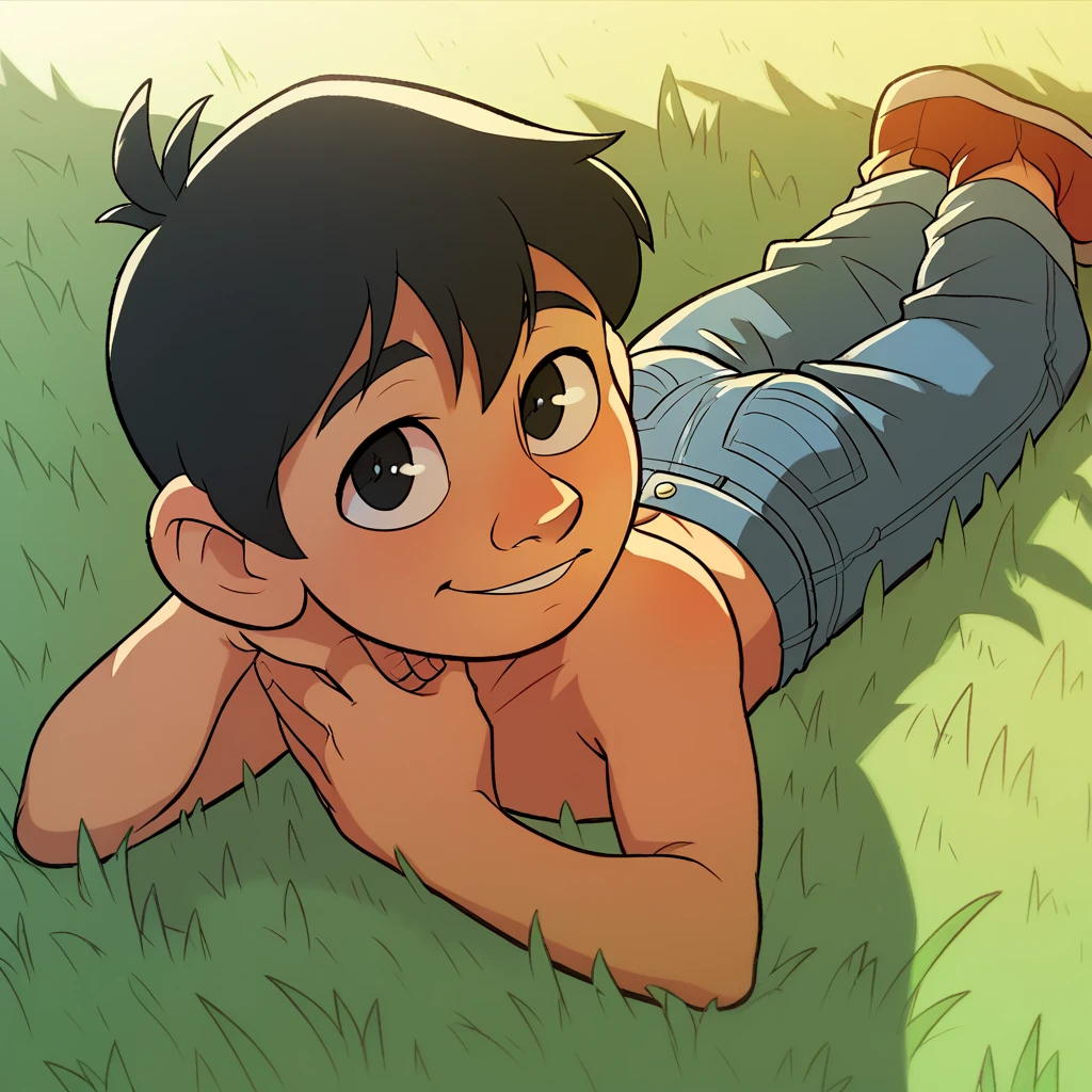 ((masterpiece, best quality)),solo,mowgli, 1boy, portrait , smile , short hair, black hair, Mowgli, full body, sitting on tree