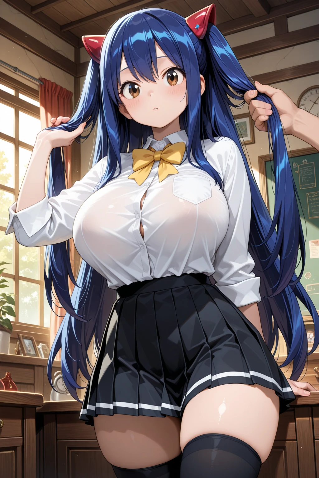 Masterpiece、Highest quality、Super detailed、1 girl、(Big Tits)、Fluffy and soft long hair、Blue Eyes、Cleavage、((Showing underboob))、smile、Too big soft breasts、Blue Hair、Belly button、School classroom