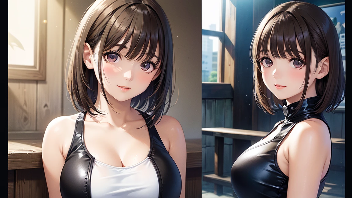 A flirtatious, provocative smile、Big Breasts、One female、Beautiful light brown hair、Updo,tattoo、Tank top,Ripped jeans,A deserted bar,Wilky,Ultra-high resolution, Accurate, Super detailed, Textured skin, High detail, highest quality, 8k, Detailed Hair,Detailed eyes,Focus on the face,Depict the figure from the waist up,