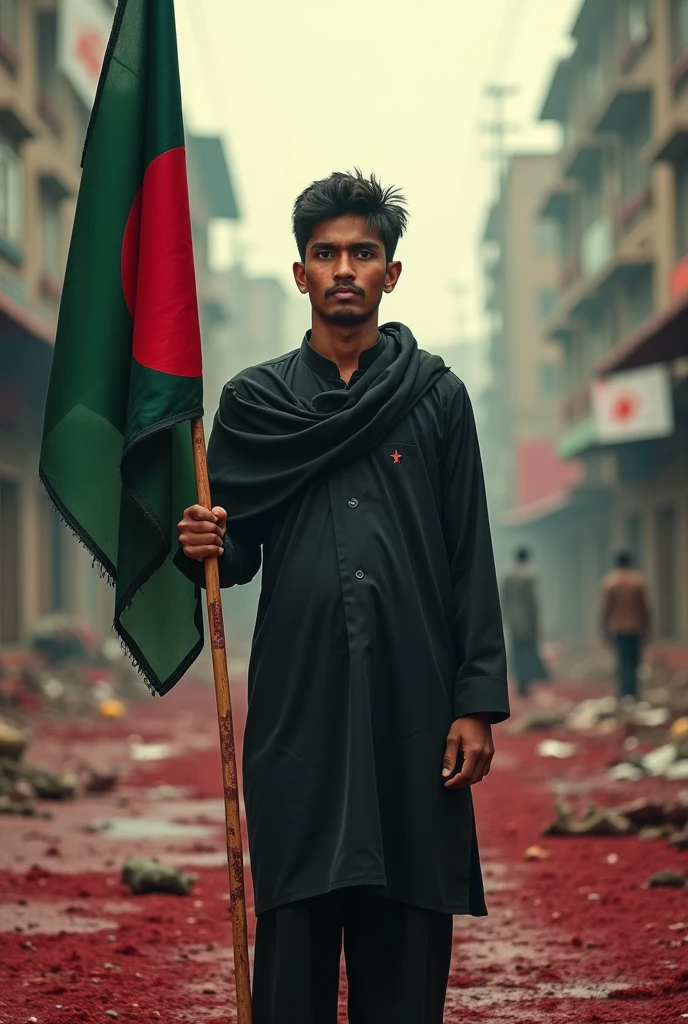 A 27 years old beard boy with panjabi, tie up black cloth in mouth, a 18 years old burka niqab hijab girl and a 3 year baby boy on busy road with Bangladesh flag in hand, infront of a place named "Konabari Gazipur"