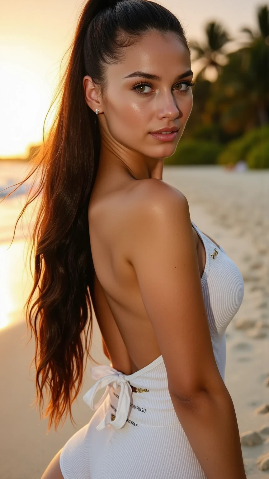 extravagant modern fashion photo, beautiful brown hair, brown eyes, burgundy lips, sensual photo model female portrait, slight smile, serene, realistic skin texture, shoulders bare, head thrown back, hair ruffled by wind, eyes looking into camera pale beige background