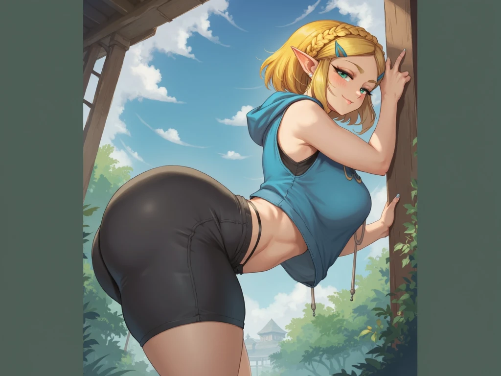score_9, score_8_up, score_7_up, score_6_up, geewhy_style, BREAK
1girl, solo, princess zelda, blush, blonde hair, hair ornament,crown braid, blue shirt, black pants, tight pants, short hair, open mouth, frown, looking at viewer, shirt lift, covering breasts,
all fours, pants pull, small breasts,outdoors, cowboy shot,uncensored,
<lora:geewhy_ponyxl:1>