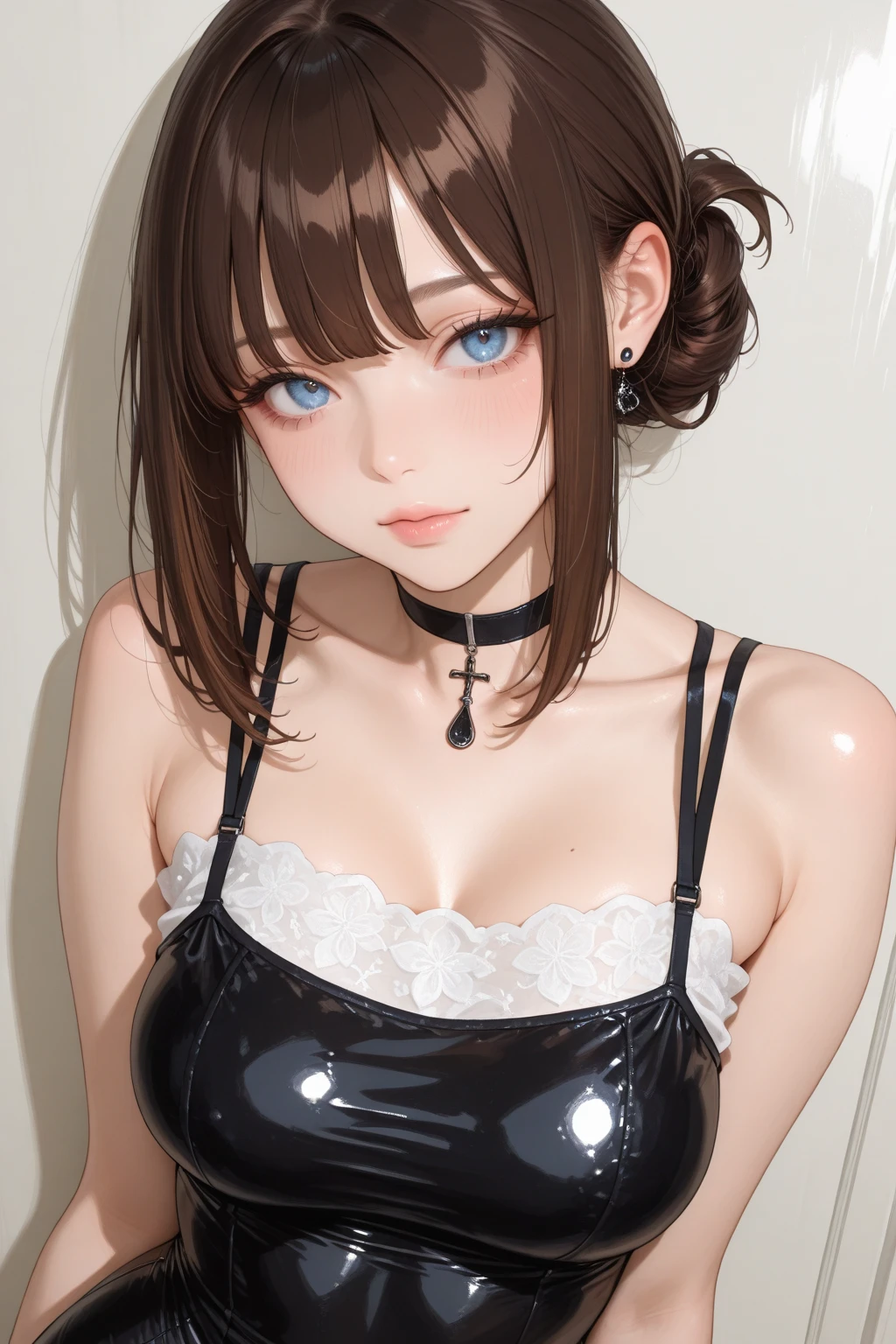 Long black hair , Wearing a micro bikini, Kneel, Feet and five fingers, Background backlight masterpiece, highest quality, 1 girl,Narrow waist,bangs, Ribbon Ponytail, Brown Hair, (blush:1),The costume only has a large opening at the chest......, Beautiful big boobs, (Erect nipples:1),Knee socks,(((NSFW0.9)))