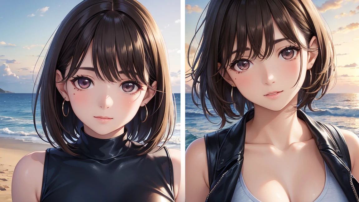 (oil, masterpiece, highest quality, Super detailed, Focus on the characters), Detailed facial expression depiction,Short brown hair, Detailed hair depiction,Silky Hair,([return:0.8]|[ face facing returnwards:1.1]), Angry face,Black Micro Bikini,Super big breasts,([Hot beach scenario:1.2]|[ ground:1.3]| [High Contrast:1.1])  