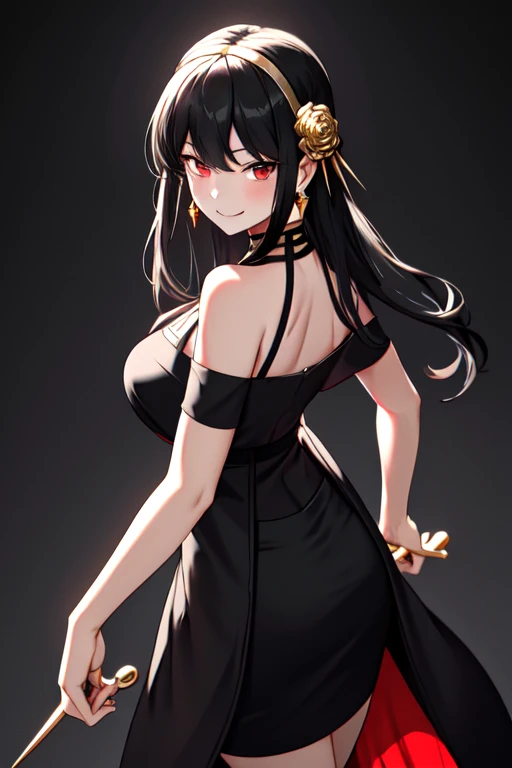 yor briar, 1girl, bare shoulders, black dress, black hair, breasts, closed mouth, dress, earrings, flower, hair flower, hair ornament, hairband, jewelry, medium breasts, long hair, looking at viewer, red eyes, sidelocks, sleeveless, solo, upper body, in room background, ((masterpiece))