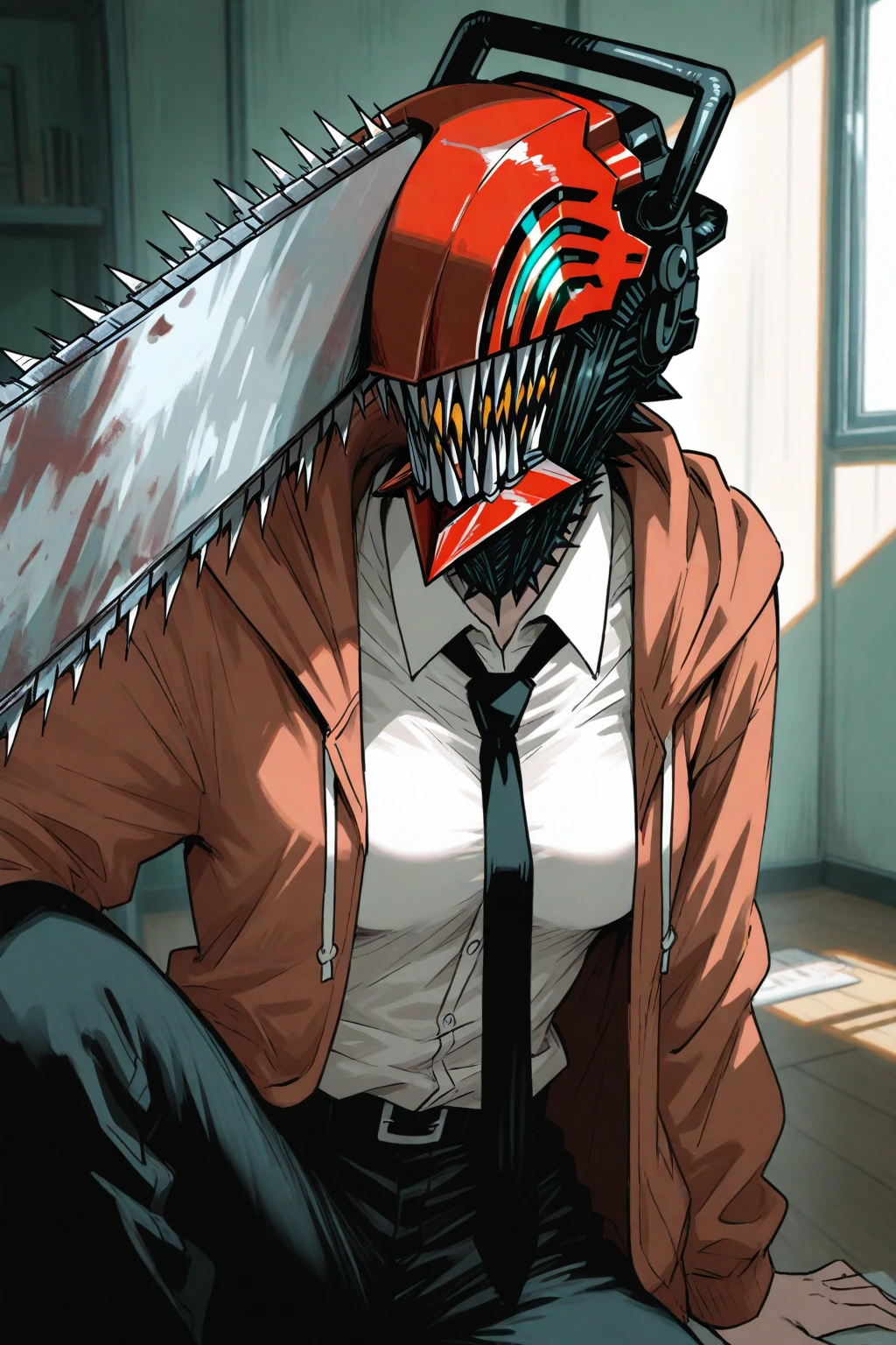 zombie with a chainsaw in his hand and blood on his face, Homem motosserra, carnudo - ciborgue - zumbi, horror corporal, corpo - horror, corpo-horror, viscera splattered, o mal dentro do monstro, sangrento + arte conceitual, zumbi ciborgue, dorohedoro, horrific digital art, Junji are 4k, horror corporal, Homem motosserra manga