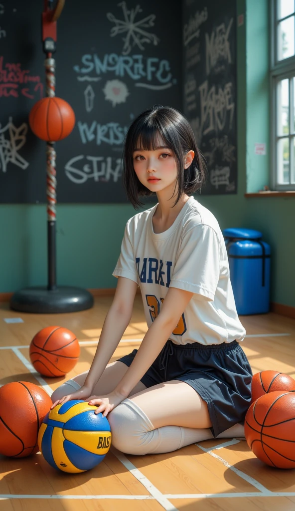 Masterpiece, Best quality, 超高分辨率, high detail photo,ultra HD,8K, Extremely detailed CG:1.2),(RAW photo,:1.3), (photograph realistic:1.4), 1girll , Young, Physically-based rendering, Cute, (finerly detailed face:1.4, Detailed clothes), (Detailed:1.4) Beautiful face, Depth of field, Add layer, hyper realistic, arafed girl sitting on the ground with a basketball ball, wearing basketball jersey, wearing a volleyball jersey, wearing nba jersey, jisoo of blackpink, roseanne park of blackpink, lalisa manoban of blackpink, portrait of jossi of blackpink, tzuyu from twice, jaeyeon nam, ulzzang, jinyoung shin, lalisa manobal