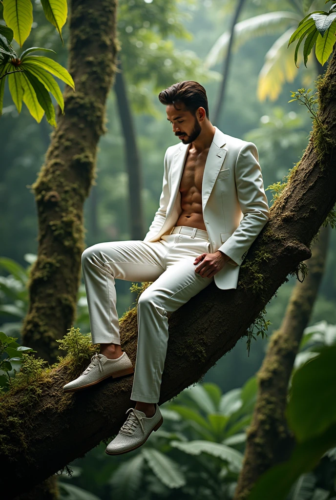 masterpiece. Portrait of a handsome man. Dressed in white linen pants and topless. (heavy rain: 1.4). wet clotheswet hair. Standing in a jungle of giant trees and lots of vegetation. hyperdetailed.photorealistic. high quality.8k