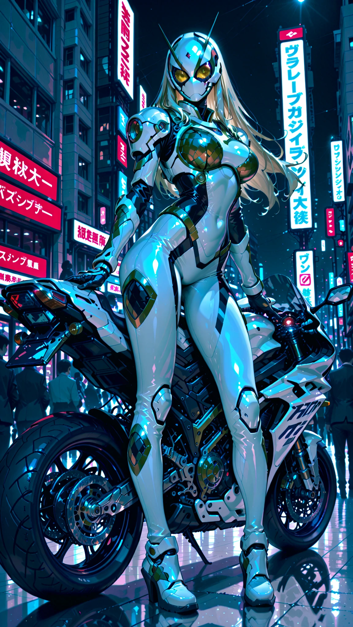 ((masterpiece)), ((best quality)), (ultra-detailed), ((high contrast)), (high saturation), (beautiful detailed eyes), ((an extremely delicate and beautiful)), (nice hands), ((perfect hands)), (mechanical cyber city in background), future city, summer, outdoors, girl riding a motorcycle, medium hair, blond hair, asymmetrical bangs, beautiful detailed glass hair, blue eyes, small breasts, mechanical suit, ((gloss body)), (very shiny body), clear parts, jewelry, ornaments, gorgeous, luxurious, fabulous, illuminations scattered all over the body, illumination shines, robort, cyborg, android, bodysuit