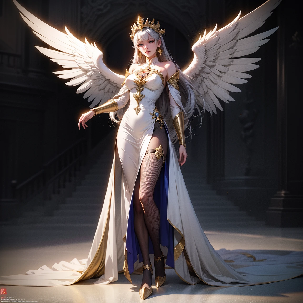 ((Top Quality, 8k, Masterpiece: 1.3)), arafed, dnd art, full body, aasimar (Masterpiece 1.3, intense details), cleric (Masterpiece 1.5, best quality), standing, casting a spell (Masterpiece 1.4, intense details), large angelic wings, white angelic wings spread (Masterpiece 1.3, intense details), fantasy temple background (Masterpiece 1.3, intense details), standing at dawn, sunlight, wearing white armor (Masterpiece 1.3, intense details), black high heeled boots, detailed accurate face, (Masterpiece 1.5, best quality), long hair, blue eyes, red hair, long hair, ponytail, celestial choker, symbol-shaped pupils, anatomically correct (Masterpiece 1.3, intense details), makeup, good smile, ultra-wide shot, silver hair, very long hair, wavy hair, jewelry, aqua eyes, makeup, god rays, cinematic lighting, glowing light, silhouette, from outside, photorealism, Wide-Angle, Ultra-Wide Angle, 8k, highres, best quality, high details