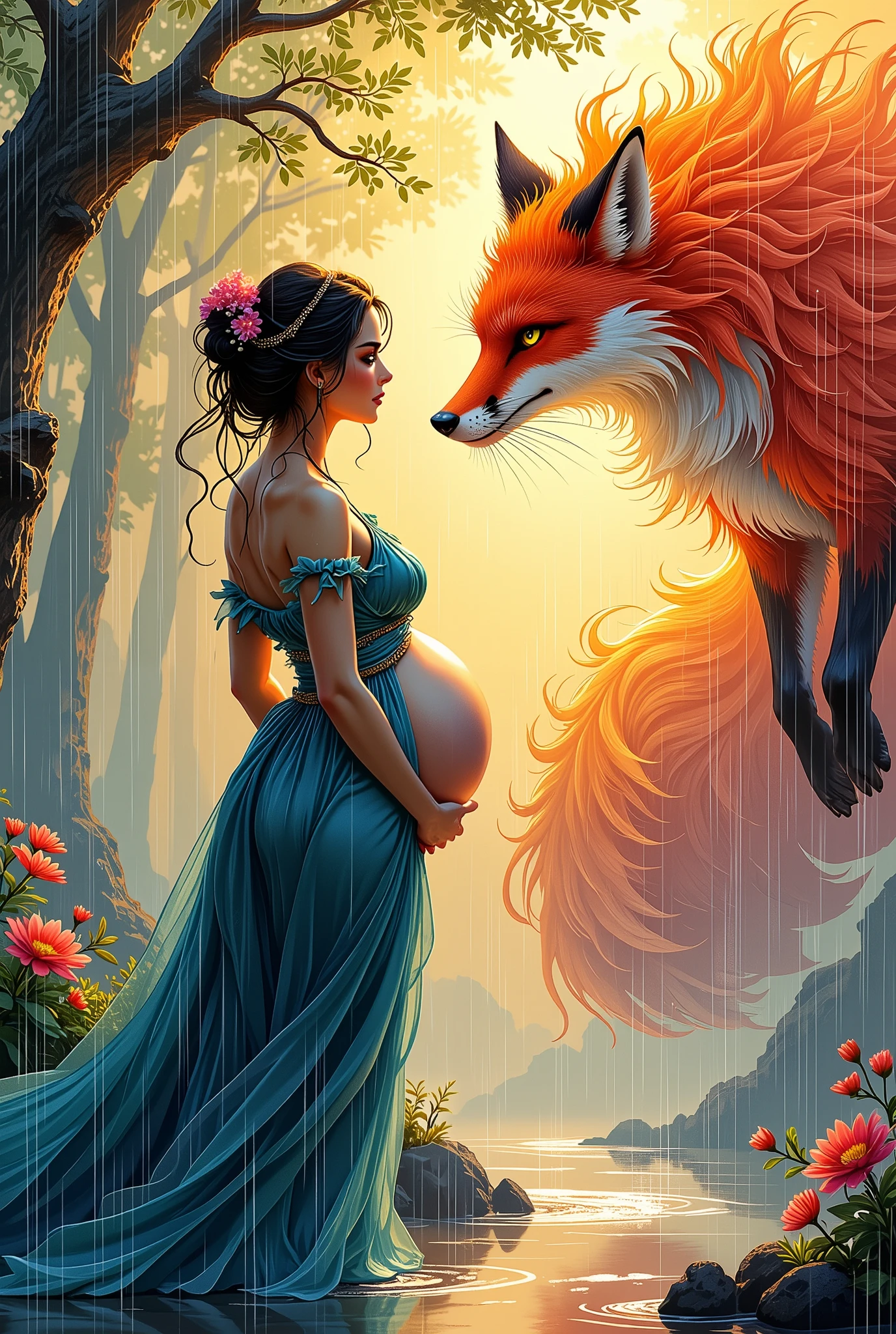 busty mature woman with big butts, facing the colorful spirit of the nine-tailed fox, dramatic pose, traditional Japanese ink painting style, expressive brush strokes, vivid colors mixed with black ink, light rain falling throughout the scene, golden sunlight filtered through rain, Faint haze and sparkle, Powerful composition, Mysterious Atmosphere, cinematic lighting