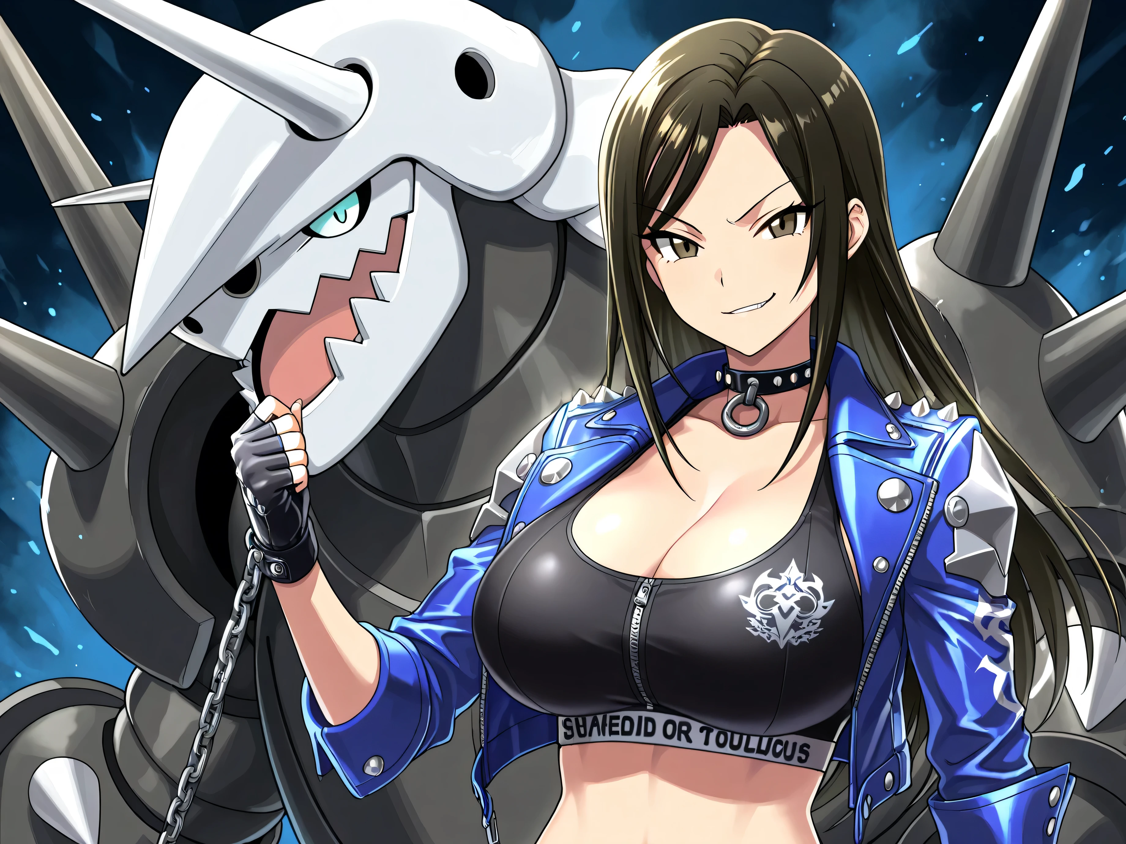 (masterpiece),(best quality),(ultra-detailed),(best illustration),(best shadow),(absurdres),(detailed background),(very aesthetic),mukai takumi, black hair, long hair, brown eyes, large breasts, Upper body of a biker-style stage outfit inspired by Aggron from Pokémon, designed for the tough idol Takumi Mukai. A silver-and-black cropped rider jacket with metallic shoulder armor and angular panel lines, resembling Aggron’s steel plating. Underneath, a black sports bra or bralette with rivet accents. Zippers, studs, and jagged motifs decorate the jacket, while fingerless leather gloves and a chain choker enhance her rebellious aura. Her long hair is tousled, with sharp eyes and a confident smirk. Emphasize urban toughness and armored elegance