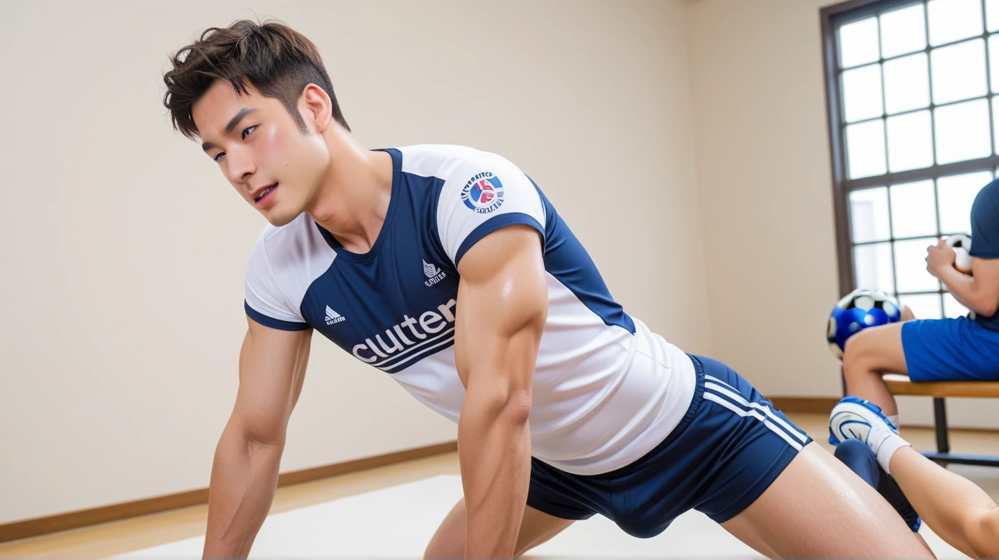 (((Best quality))),(((Ultra detailed))),(((Masterpiece)))，（Cute tall Shota：2），The height of a volleyball player，solo person，（full bodyesbian：3），（Stay away from the lens：3），Expose your legs，（revealing the whole body：2），（Frontal heads-up view：1.2），malefocus，（looking at viewert），16 yaers old，（Tall：3），（Tall guy：2），Super tall，（Height 300 cm：2），Excellent body proportions，muscular physique，（1.The shoulders are 5 times wider：1.2），（Slender straight legs：2.5），Slender feet，small heads，musculous，（The face of the animated male protagonist），Pure and immature face，（Very detailed beautiful face and eyes：2），（Big bright eyes：1.2），Sharp eyeliner，Clear and beautiful face，exhilarated，（Happy smile：2），short detailed hair，（Correct facial features），（tilts your head：1.5），（Men's soccer jersey：2)，Long sport men's socks，（Muscle firming：2），Strong，（Wide shoulders and narrow waist：2.2），Detailed muscle texture，Highlights muscle structure，At home，（Confident posture：4），（full length shoot），ultra-realistic realism, (Photorealistic detail), Incredible accuracy, lifelike textures, masterful technique, Jaw-dropping precision, artistic dedicatiotomy correct），Good lighting，exquisite detailing，Best quality，stunning masterpiece，CG，（Colored screen）