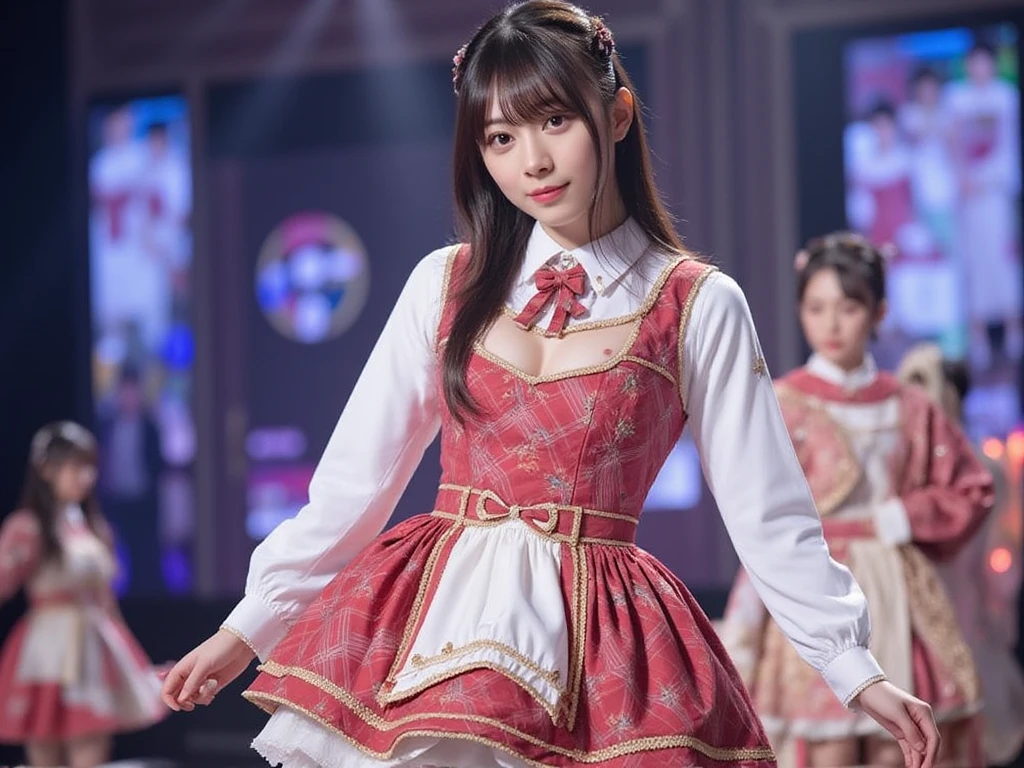 ​masterpiece、1 beautiful girl、A detailed face、A detailed eye、Detailed skin、Detailed hand、top-quality、Illuminated from the front with bright lighting、profetional lighting、Facing straight ahead、The background is a little blurry、The costume is an idol costume typical of AKB48(Check short skirts、Jacket Feather Hair Ornament、Cute tie)、Trendy Korean Cosmetics、Amazing smile、Dance on live stage、
Some of the costumes and hair ornaments are red、
Hairstyle is long、
Age is 18 years old、
Spread your left arm wide、
The color of the eyeball is black、