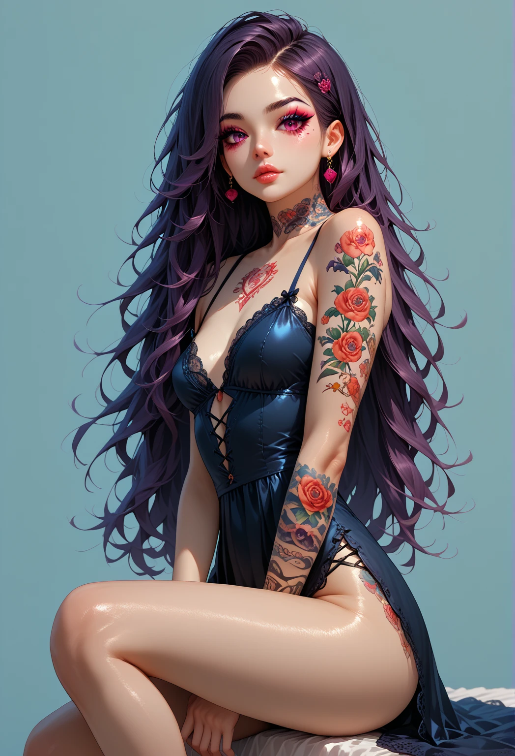 award winning photography, insanely detailed and intricate, hypermaximalist, (elegant:1.2), hyper realistic, Natural Lighting, Ray Tracing Reflections, super detailed, volumetric light, incredible art of a beautifull women on the bed looking at viewer, ((tattoos), ((bangs), (lewd pose)