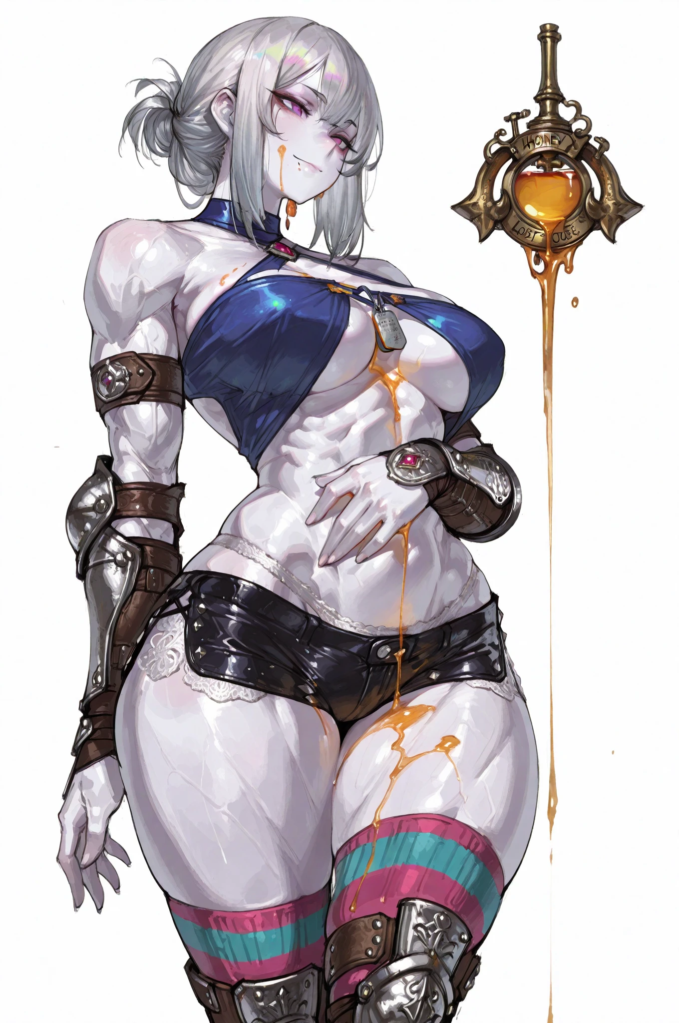 (Masterpiece, best quality, intricate details, 1sologirl) iron collar, arms behind back, iron cuffs, shackles, leather collar choker neck bell, bound ((standing by wooden pole:1.2)) ((female Black Dark skin Gyaru)) show entire body frontal position, feet in view, realistic, gorgeous 16y.o. darkest skinned mixed race female, black African, transparent black pantyhose, legs open, museum,barefoot no shoes, looking to viewer straight symmetrical, white silver long hair