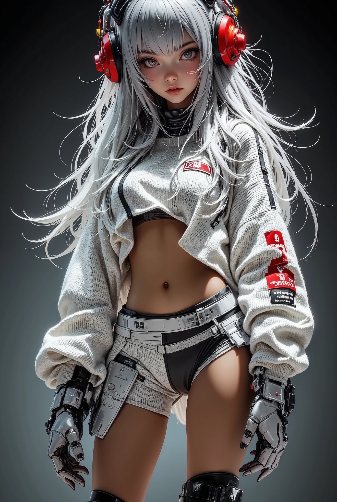 hallucinogenic efect white ,oren,black,red, landasan helikopter militer co pilot,   a girl in Mecha costume  ,  cybord  , beautiful long hair losse advance digital, she is doing various professional skateboarding poses, looking at viewer, 
