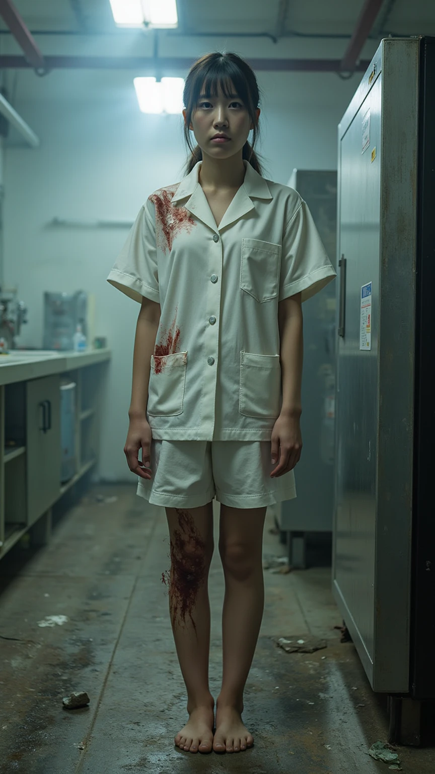 masterpiece,(masterpiece, top quality, best quality, hospital, 1Nurse, solo, reflection, dress, closed mouth, white dress, long hair, horror (theme), holding Syringe, night, indoor, blood, smile,