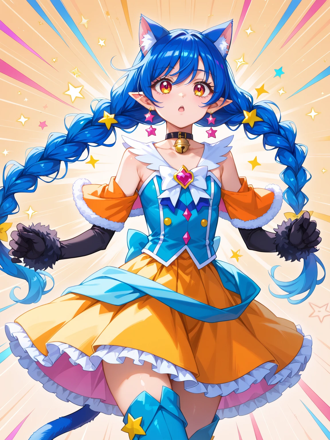 1girl, cure gelato, blue hair, animal ears, gloves, long hair, gold crown, pointed crown, magical girl, blue eyes, lion ears, smile, blue gloves, open mouth, jewelry, choker, singing, guitar, electric guitar, audience cheering, add_detail:1, add_detail:0, add_detail:0.5
