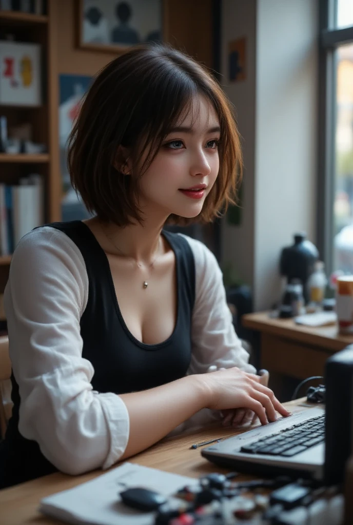 ((highest quality)), ((masterpiece)), (be familiar with), perfect face,A stylish beautiful female college student with medium short brown hair is working remotely using a laptop and smartphone at a cafe in New York.