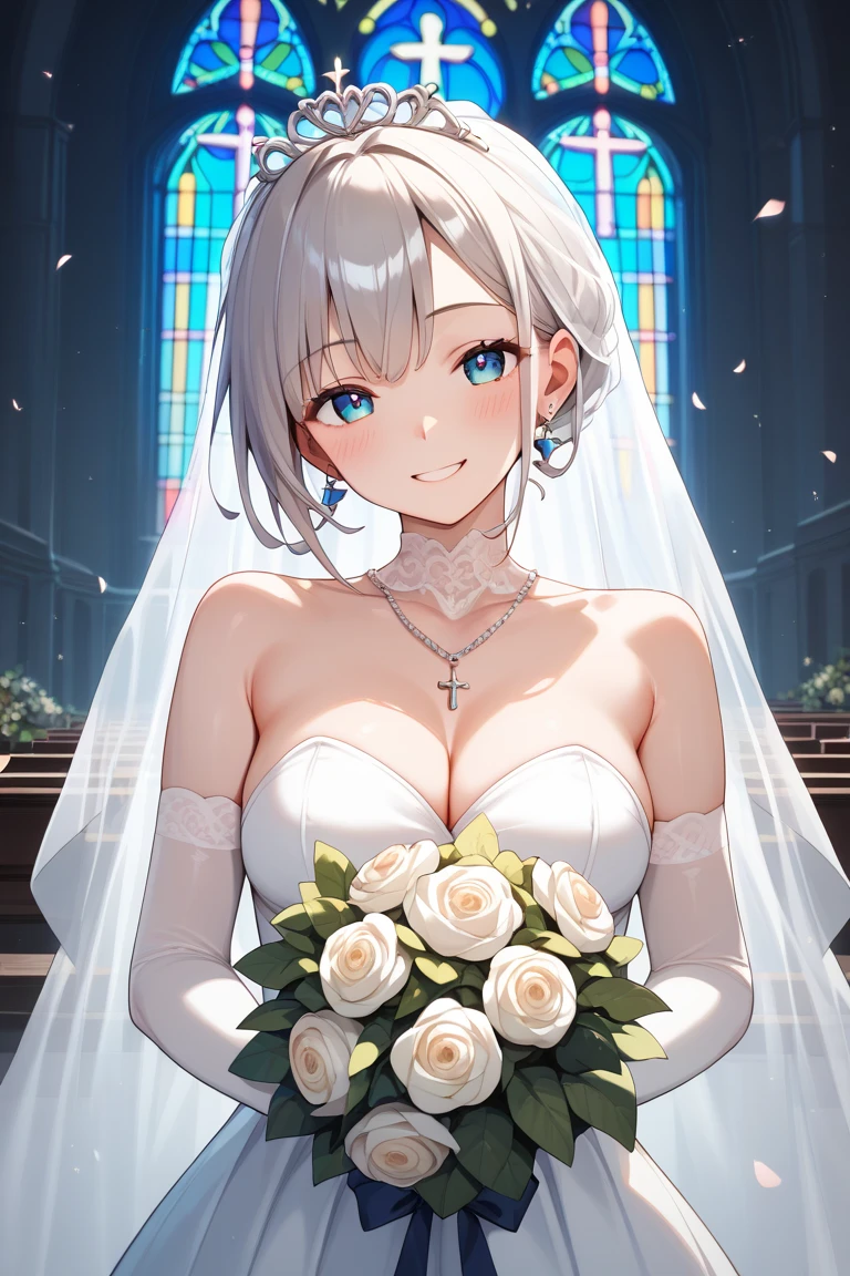 table top best image quality wonderful high detail One Young Woman((adult))anime style Wedding dress(No sleeve) white long gloves(elbow gloves) white pantyhose wolf ears short hair((shortcut)(gray hair)(curly hair)(fluffy)) smile(Happy) eye color is blue church bouquet