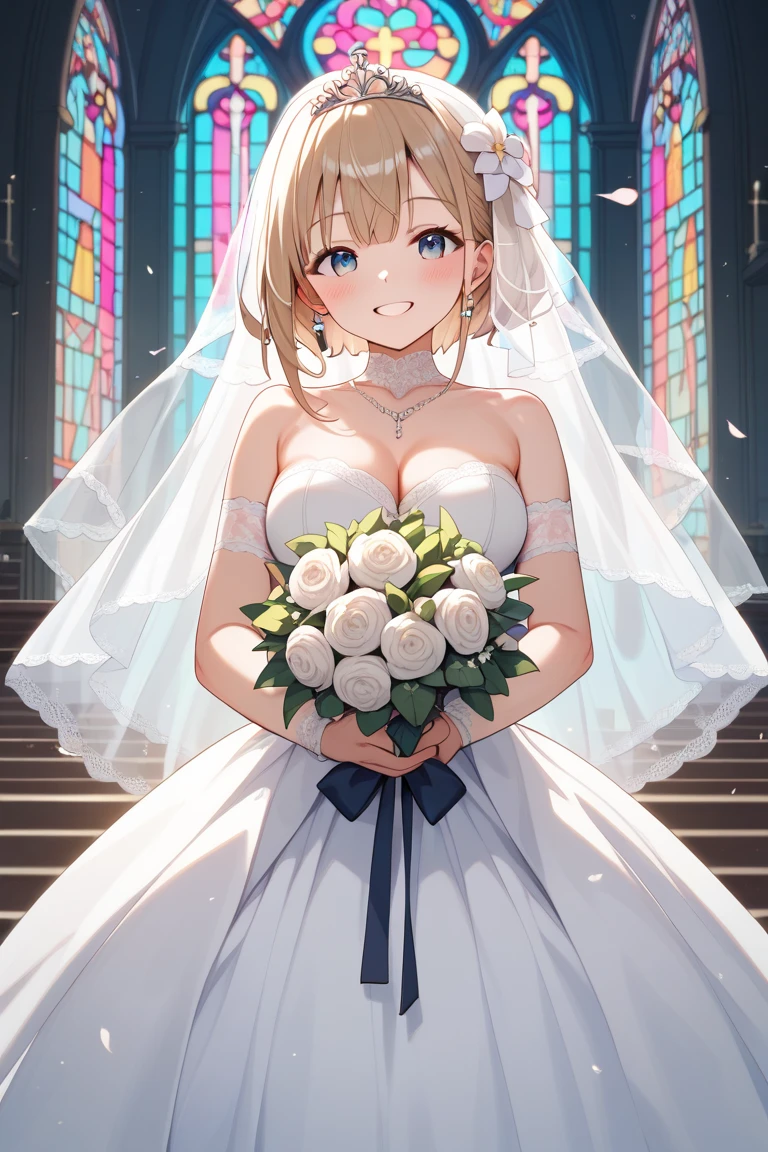 ((best quality)), ((masterpiece)), (detailed), perfect face, (best quality), (detailed skin:1.3), (intricate details), curly hair, Wedding, wedding dress, expression of joy, holding a bouquet in both hands, pure white dress, blonde hair, earrings, engagement ring, church(((nsfw1.5)))