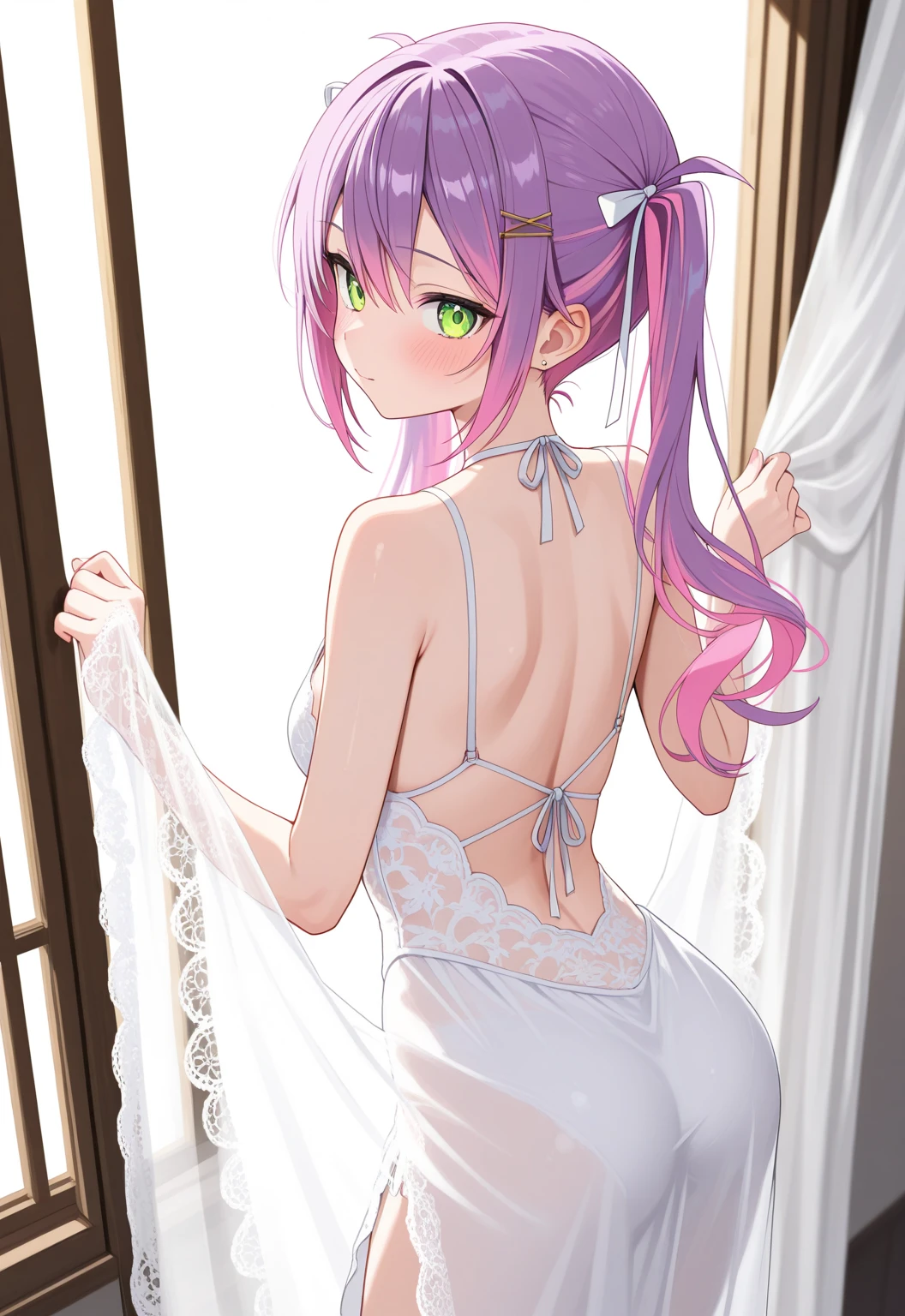 The color palette exudes a soft and harmonious ambiance, with pastel hues and gentle gradients. The lighting emphasizes the girl's beauty, casting a soft glow that accentuates her features and creates an ethereal atmosphere.Underwear, white underwear, lace lingerie,bright smile,back view