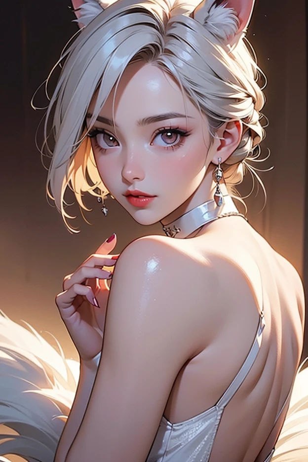 1girl,a beautiful fashion model ,(masterpiece, detailed background, best quality),short and shiny hair, white hair with highlights,smirk,juicy lips,red lips, calmart, lingerie, stripping, elegant makeup, blue eyes