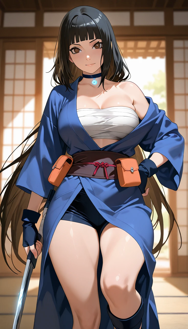 masterpiece, best quality, beautiful art, high resolution, well formed hands, body and fingers, 1 woman, solo, Maou , hair ornament, adult, grown up, big breasted, cleavage, full body, braided long hair, blue_japanese_clothes, wearing DOA Kasumi's blue kunoichi dress, sexy and skimpy japanese clothes, kimono peek, sleeveless, white stockings, gorgeous legs and thighs, dancing seductively and erotically, turning backwards and forwards, showing her back and front, showing her butt, t-back,, white thong, smiling joyfully, looking at the viewer, flirting, beach environment
