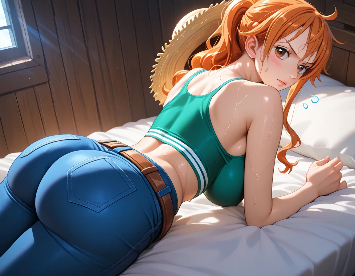 a cartoon picture of a woman in a bikini top and jeans, nami one piece, nami from one piece, nami, beautiful portrait of nami, from one piece, oppai, blue eyes, smoking, ponytail, nsfw
