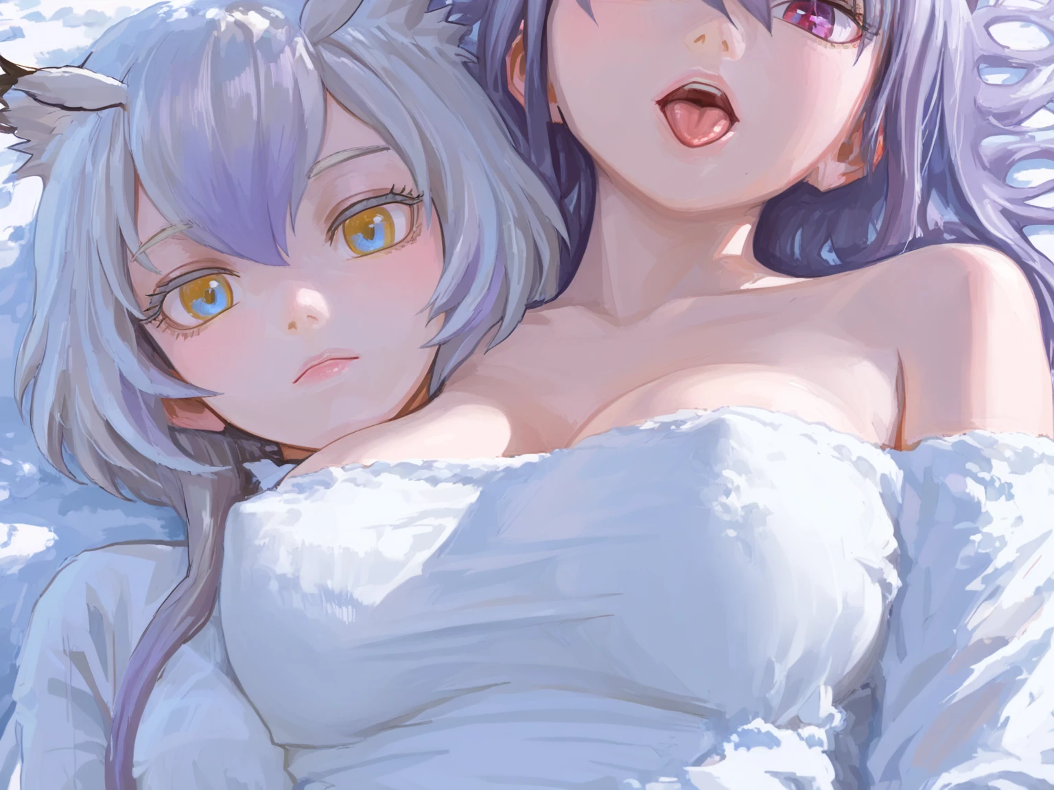 masterpiece, best quality, very aesthetic, absurdres,looking up,nsfw,(2girls:1.3),duo,(Bukkake:1.2),(dark blue hair),orgasm,cum on hair,oral,side by side,uvula,(in heat:1.5),(colored tips:1.5),Tongue out,Tongue to Tongue,open mouth,lineup,(heart-shaped eyes),looking at viewer,red eyes,blush,steam,Blue hair,nude,High lightness,High Saturation,White hair,silver hair,(heavy_breathing),mouth,front view,masterpiece, best quality, very aesthetic, absurdres,breasts,(medium shot),straight-on),(leaning forward),wide hip