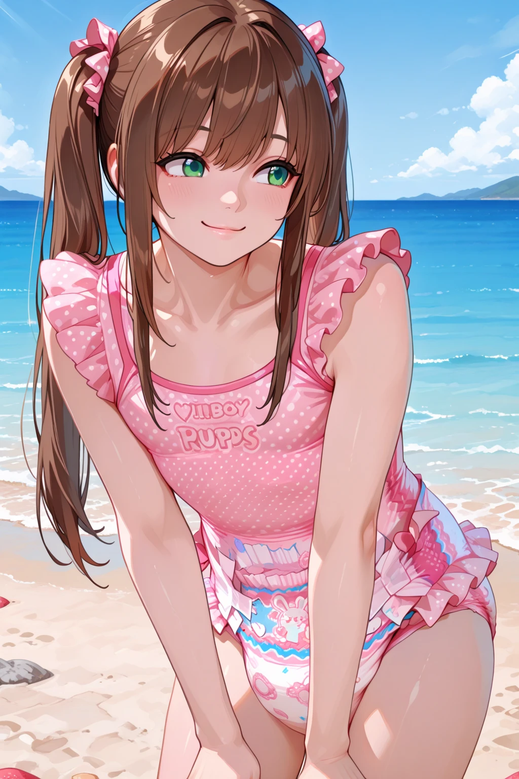 Super detailed，masterpiece，best quality，harf，View，blush blush，Yazawa Nico,red eyes, Blunt hair, 1 female、White clothes、The belly is visible，White bun hairstyle， black hair color hair、chubby、Smile、pale pink lips、Soaked all over，oestrus，Blushed，visible、Red yoga pants，Sit with your knees folded，wet hair，messy hair，on the ground，Squat on your knees，sit down with your knees bent