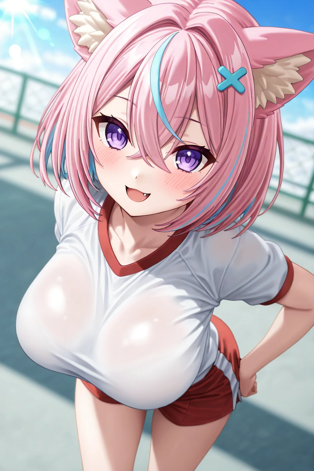 best quality,ultra detailed,extremely detailed and beautiful,perfect anatomy,perfect hands,spitroast, from above,(8-year-old,child), (1 girl,solo),(hakui_koyori),(flat chest,small areola), (wolf ears),wolf tail,pink hair, (ahoge),crown braid,double bun, purple ey,es,(red school bag ),white lab coat,collared white shirt, frilled skirt, pink necktie , navel, sleeveless, black stocking, (black skirt),(half undressed:1.5),