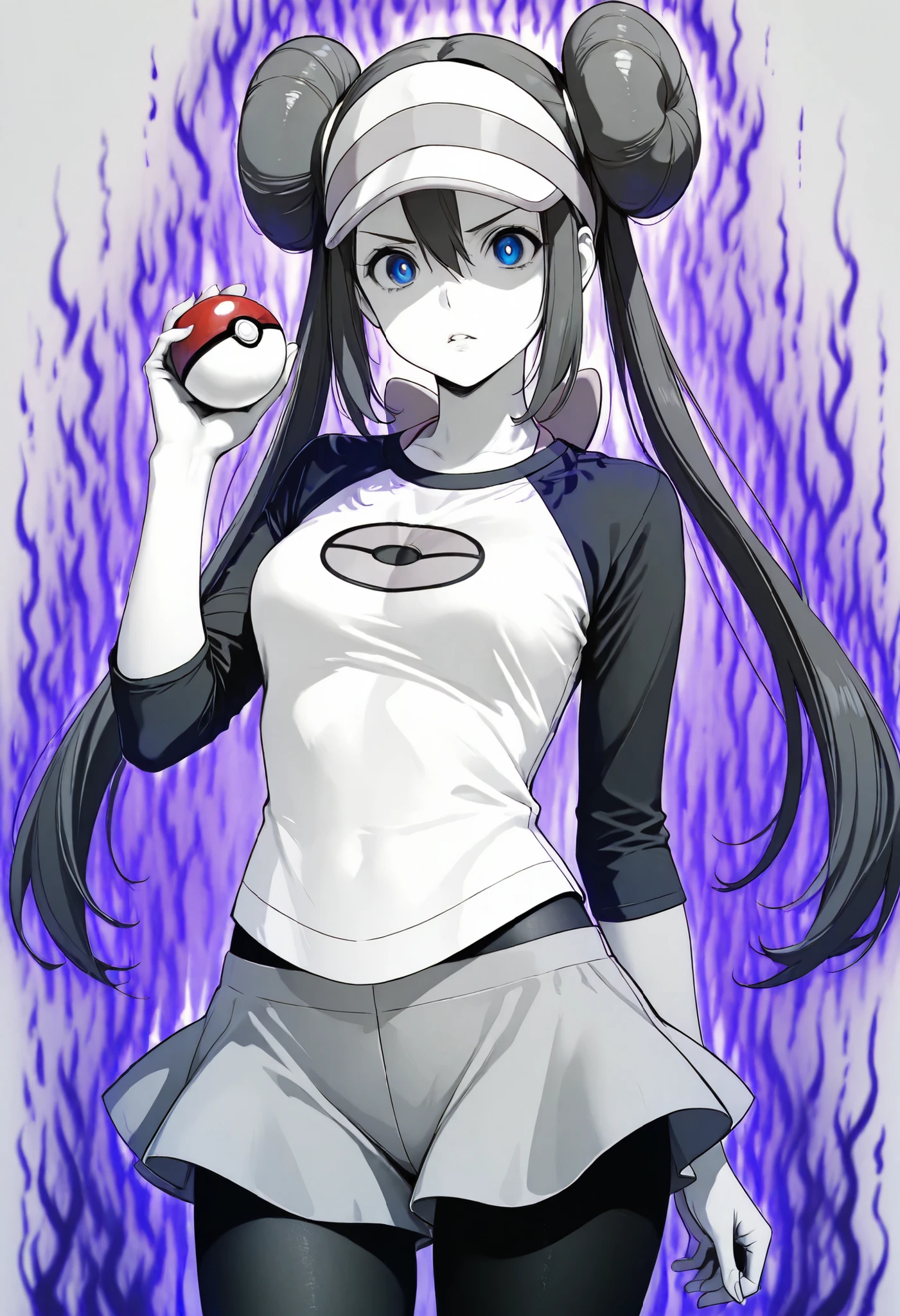 masterpiece, best quality, amazing quality, absurdres, newest, 1girl, solo, dark aura, holding a pokeball, hand up, simple background, serious, parted lips, zzrosa, double bun, doughnut hair bun, hair bun, blue eyes, hair between eyes, twintails, pantyhose, pantyhose under shorts, raglan sleeves, skirt, white shirt, visor cap, looking at viewer, cowboy shot, greyscale, spot color