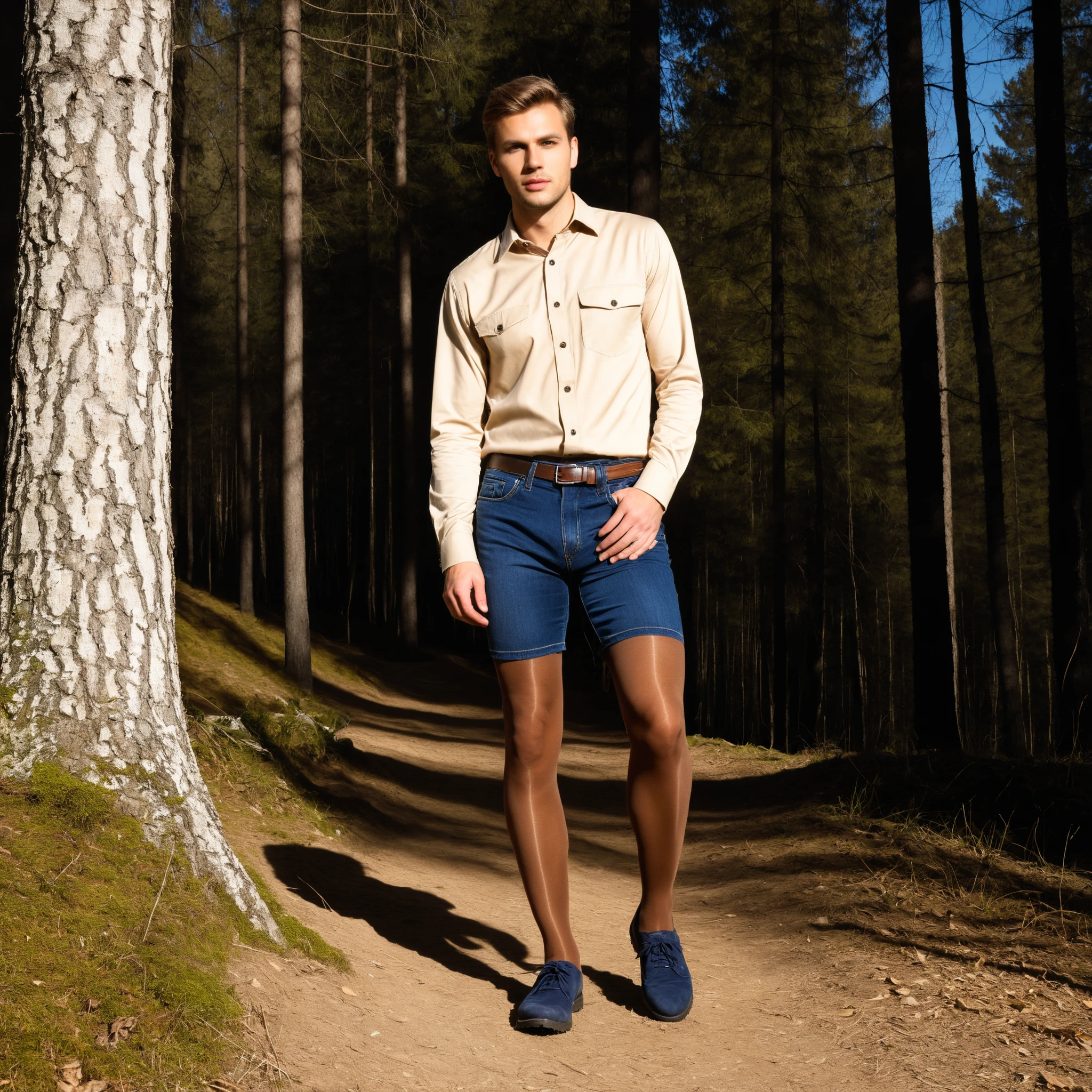 one young caucasian male guy with male face, wearing a jeans mini skirt, beige outdoor shirt, medium brown amber glossy 40den tights, short darkblue alpine shoes, the male faced guy is walking in his pantyhose alone in a forrest at sunshine.