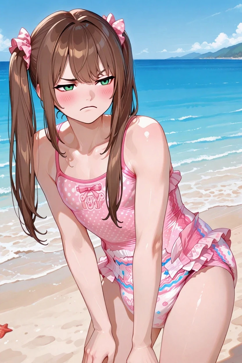 best quality, (masterpiece:1.2), detailed,
inui sajuna juju,
1girl, solo, 
pink hair, pink eyes, long hair, two side up, 
school swimsuit
lying on ground, on back,  looking at the viewer, 
outdoors, sand, beach, sweat, sweaty