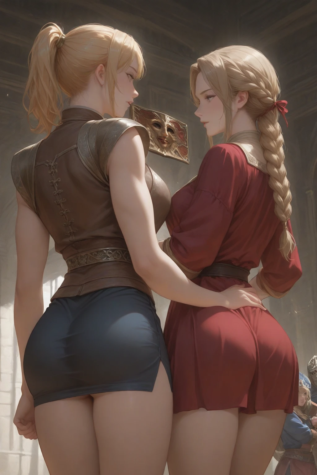 Two 12 years old chubby fat plump gays boys molesting each other sensually. (masterpiece),(best quality), cute detailed digital art, beautiful face, long blond hair, hair up, castle, mountain, latex in assassin creed theme, morocco