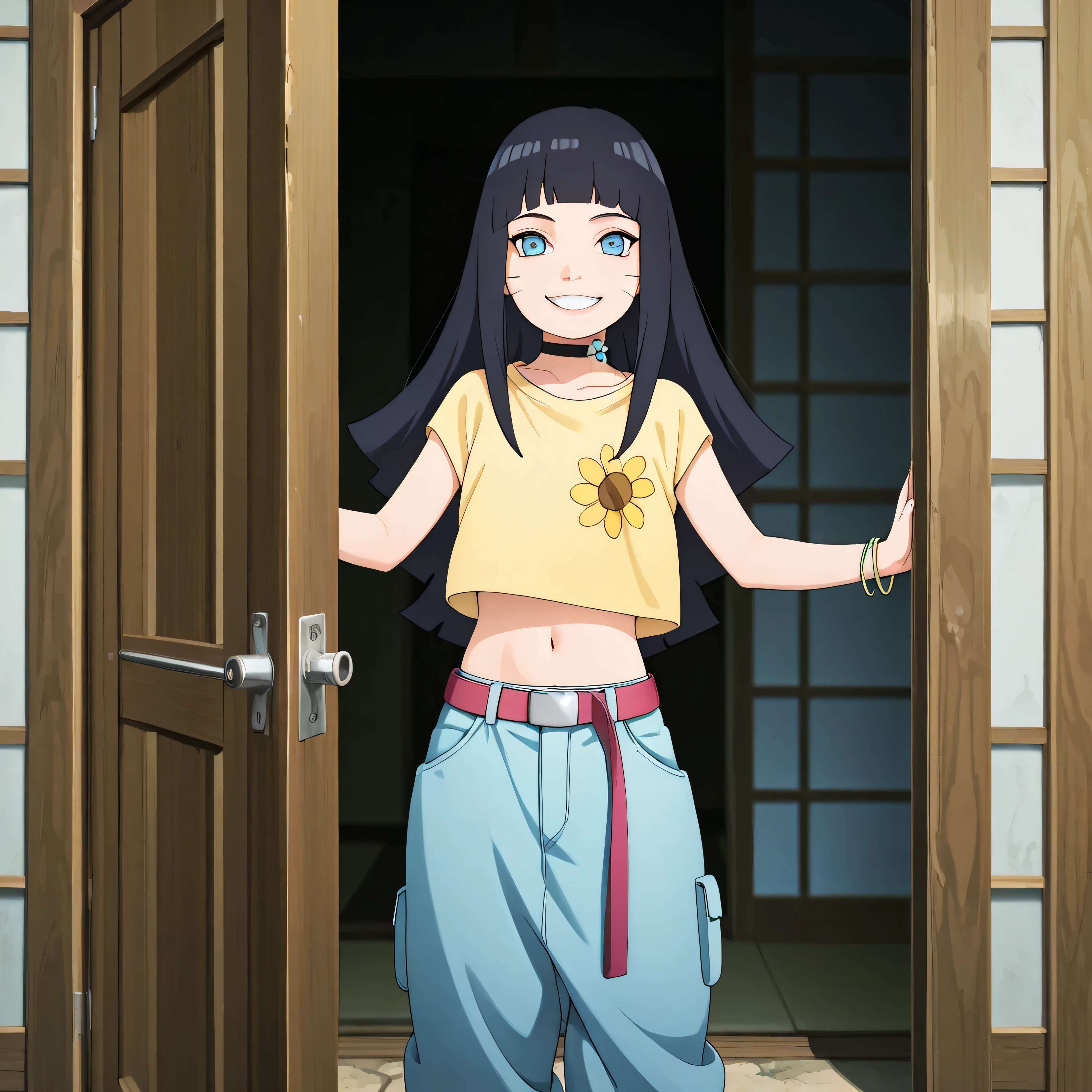masterpiece, best quality, amazing quality, pov opening door, BREAK, 1girl, solo, standing outside house, 1girl, looking at viewer, uzumaki himawari, boruto: naruto next generations, black hair, whisker markings, himavortex, long hair, blue eyes, tall girl, himavortex, long hair, choker, yellow shirt, floral print, navel, midriff, bracelet, baggy pants, blue pants, belt, happy, smiling, letting viewer in, 