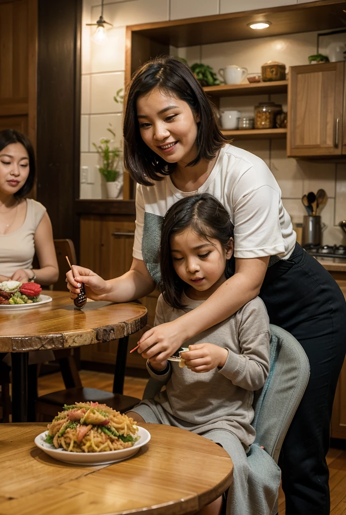 Family meal of a Vietnamese couple and their children, each person's face is radiant and authentic, 16k, 32k,