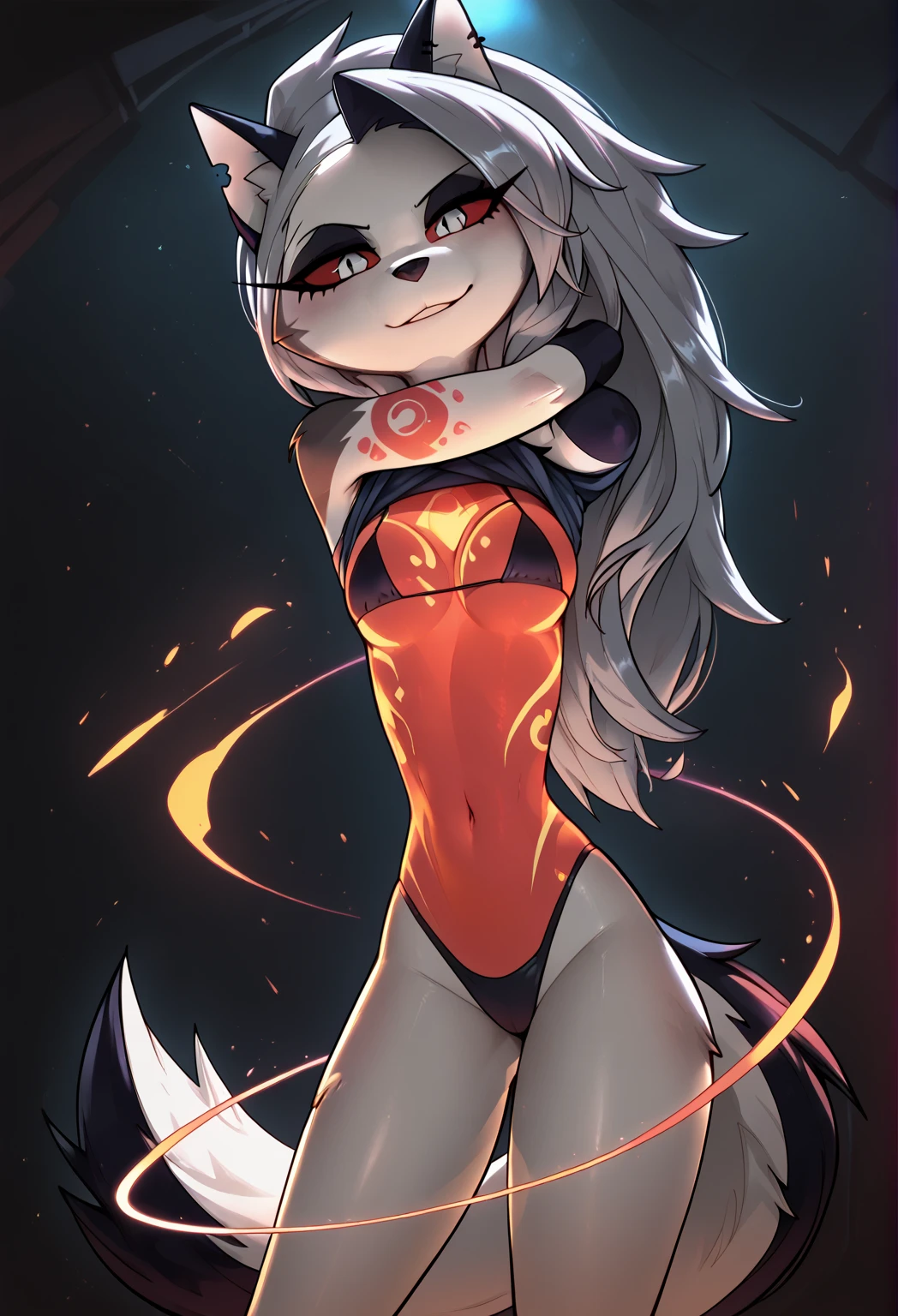 score_9,score_8_up,score_7_up, source_cartoon, source_furry, furry girl, wolf, black hair, punk hairstyle, long spiky ponytail, large ponytail, anime style, small breasts, flat chest, red eyes, (makeup, red eyeshadows), ((deep red bikini ruffled triangle, high cut bottom, star necklace, deep red sarong on hips)), high quality, detailed body, detailed eyes, detailed face, masterpiece, glistening body, detailed body fur, best quality, two tone body, gray fur, clear gray fur, perfect lighting, perfect shadows, perfect eyes, perfect hair, perfect face, gorgeous body, skinny, cute, anime style, rating_explicit, thick outline, anthropomorphic, countershading, looking at viewer, night club, standing, cum everywhere, cum drip, cum on face, cum on body, cum on mouth, orgasm face, drooling, pussy, full body, feets with three toes, arms up,