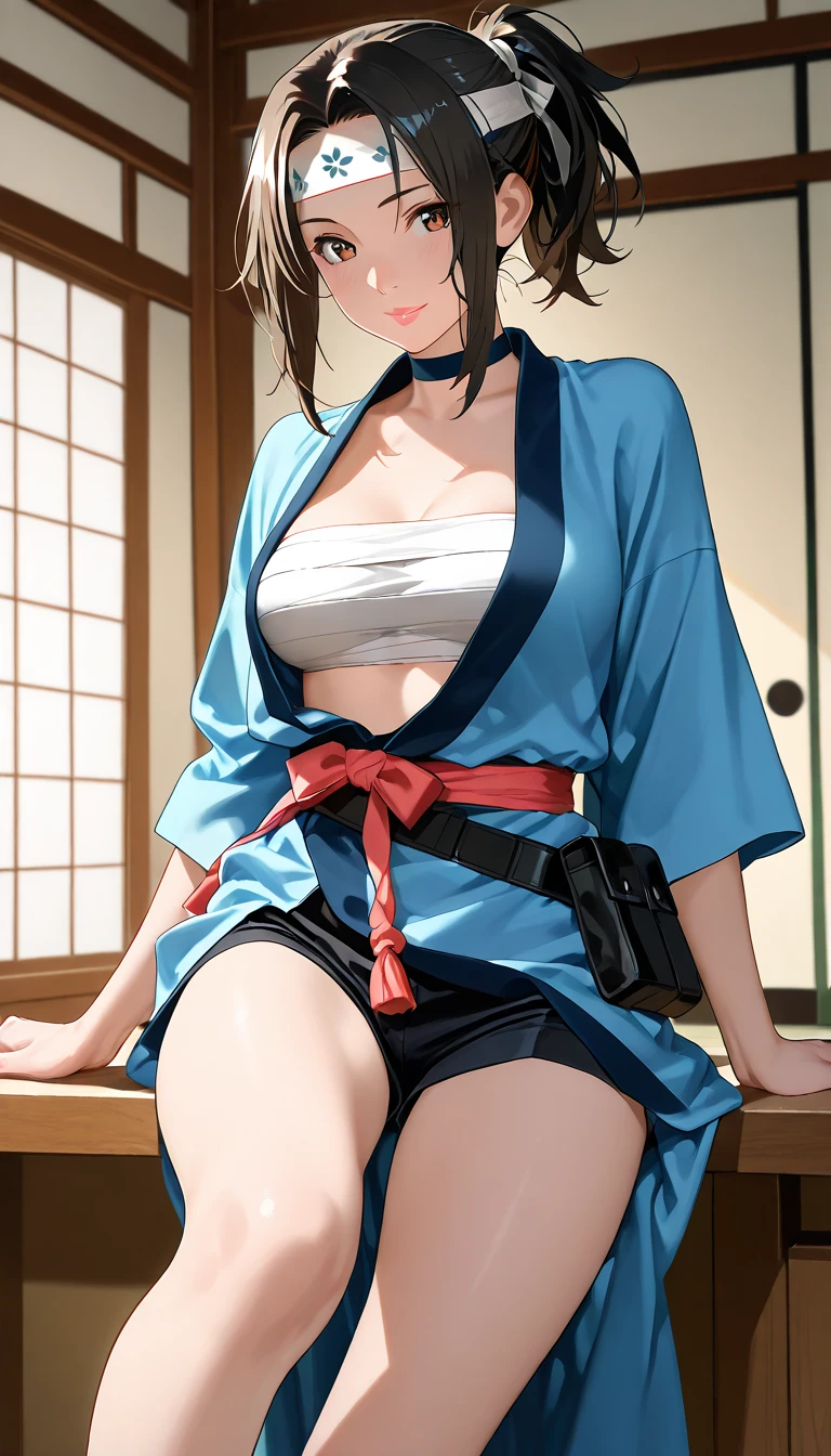 Masked Female ninja wearing short kimono in fishnet with sexy bare feet and toes exposed with boob cleavage showing 